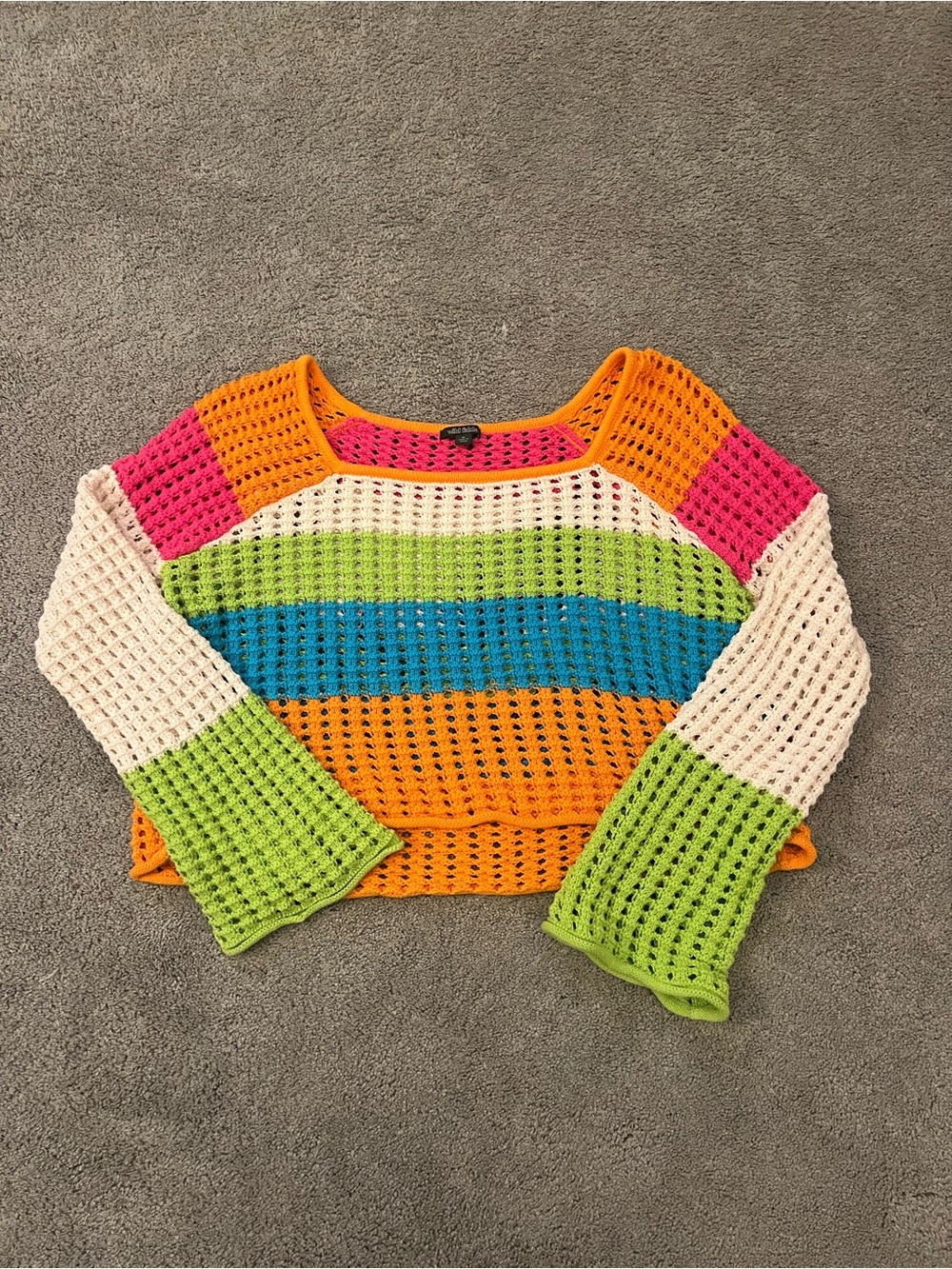 Crochet Open-Knit Multicolor Stripe Sweater - Orange, Pink, Green, Blue, Cream